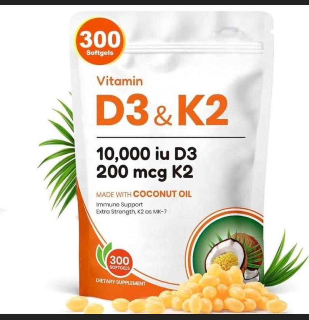 Vitamin D3 10,000 IU + K2 200mcg — Coconut Oil (300 softgels)